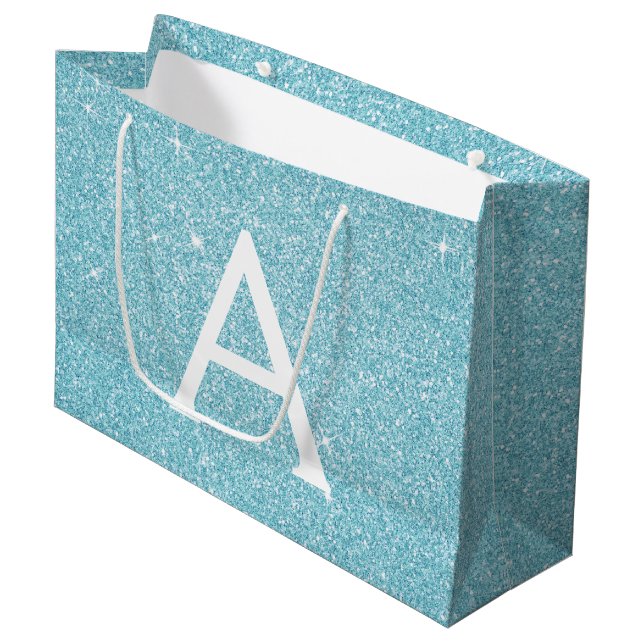 Grand Sac Cadeau Aqua Parties scintillant bleue Turquoise et Monogr (Devant Angle)
