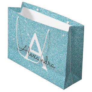 Grand Sac Cadeau Aqua Parties scintillant bleue Turquoise et Monogr