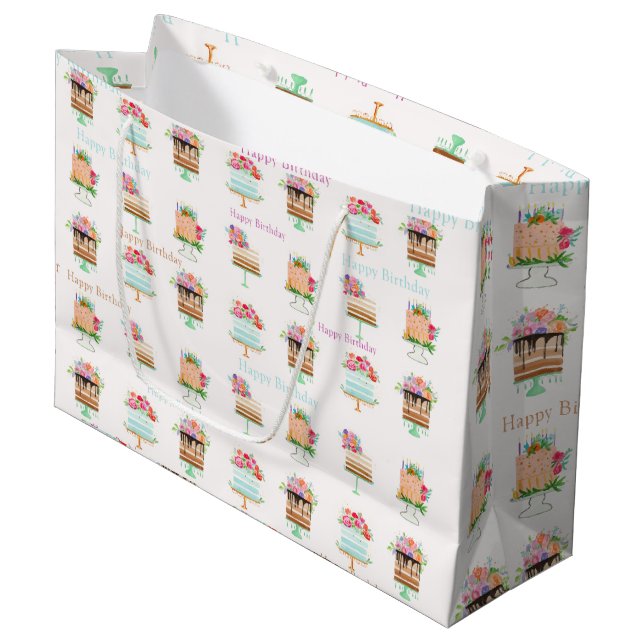 Grand Sac Cadeau Aquarelle Aquarelle Gâteau Floral Anniversaire (Devant Angle)