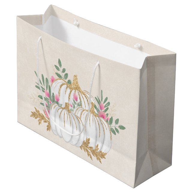 Grand Sac Cadeau Aquarelle blanche et Citrouille or (Devant Angle)