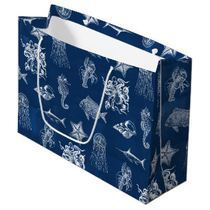 Grand Sac Cadeau Aquarelle bleu marine Océan Animaux marins