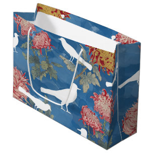 Grand Sac Cadeau Aquarelle bleue Fleurs Vintages et oiseaux