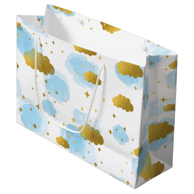 Grand Sac Cadeau Aquarelle bleue Nuages Gold Stars Sky (Devant Angle)