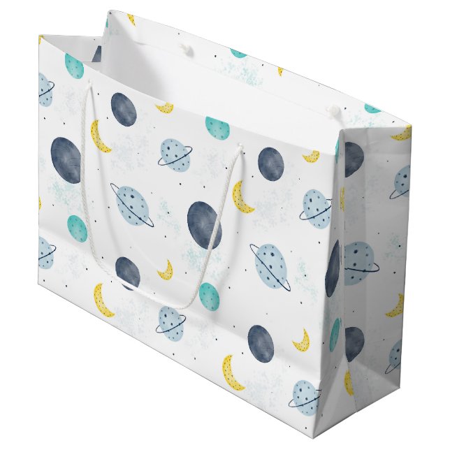 Grand Sac Cadeau Aquarelle Blue Space Planet Motif (Devant Angle)
