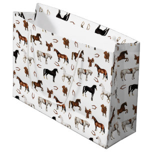 Grand Sac Cadeau Aquarelle de chevaux Fer à cheval Selles de cheval