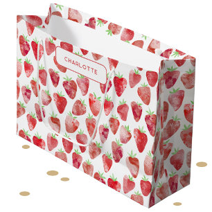Grand Sac Cadeau Aquarelle de fraise personnalisée
