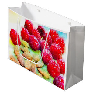 Grand Sac Cadeau Aquarelle de framboises et d'amandes