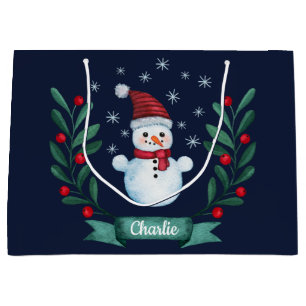 Grand Sac Cadeau Aquarelle de Noël Snowman Custom Navy Blue