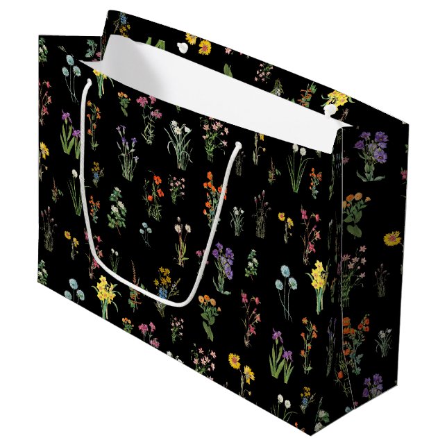Grand Sac Cadeau Aquarelle fleur sauvage Floral botanique noir (Devant Angle)