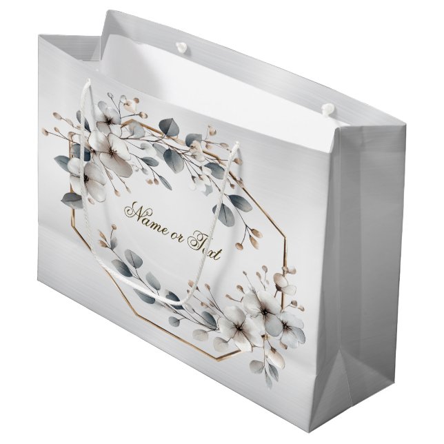 Grand Sac Cadeau Aquarelle Fleurs blanches Cadre doré Argent Turquo (Devant Angle)