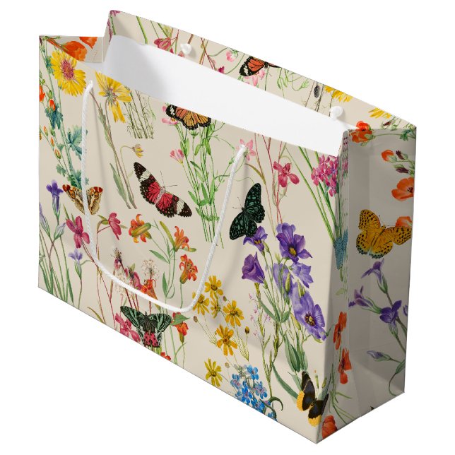 Grand Sac Cadeau Aquarelle Fleurs sauvages & papillons Jardin Flora (Devant Angle)
