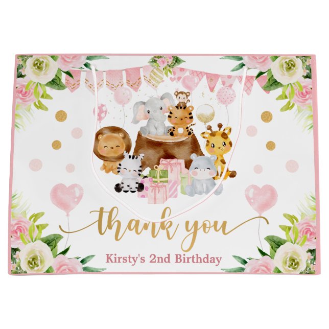 Grand Sac Cadeau Aquarelle Jungle Safari Animaux Floral Anniversair (Devant)