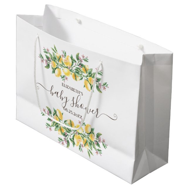 Grand Sac Cadeau Aquarelle Lemons Baby shower de fleurs botaniques (Devant Angle)