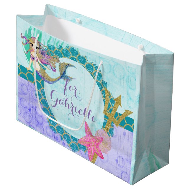 Grand Sac Cadeau Aquarelle mignonne de sirène Monogramme Turquoise  (Devant Angle)