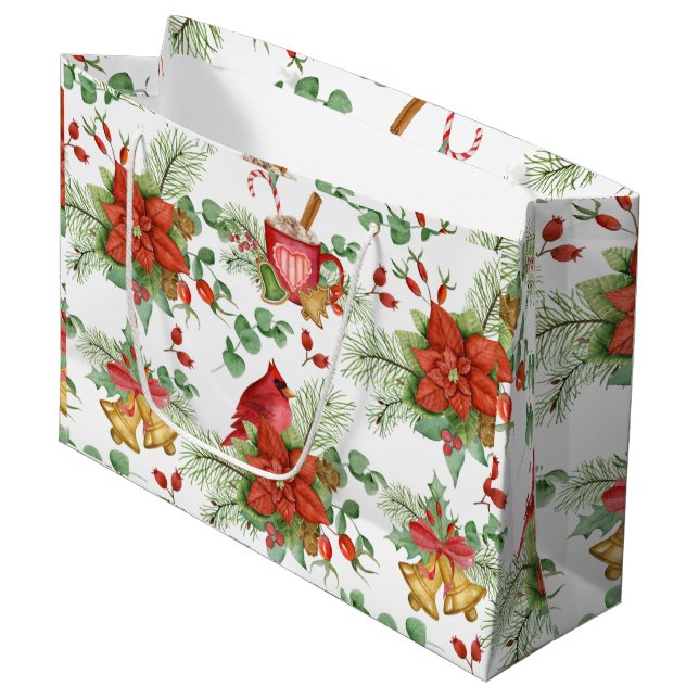 Grand Sac Cadeau Aquarelle Noël Poinsettia et Cardinal Rouge (Devant Angle)