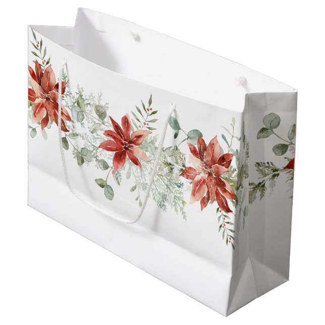 Grand Sac Cadeau Aquarelle Noël Rouge Poinsettias Vert (Devant Angle)