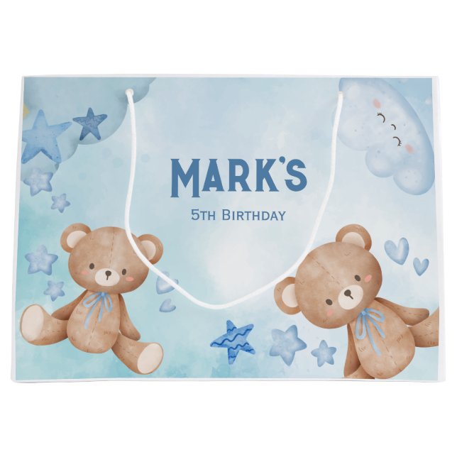 Grand Sac Cadeau aquarelle Ours en peluche bleu enfants (Devant)