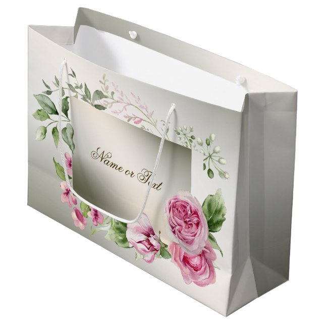 Grand Sac Cadeau Aquarelle rose cadre floral brillant Bronze élégan (Devant Angle)