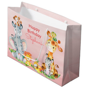 Grand Sac Cadeau Aquarelle rose Cute Safari Jungle Animaux