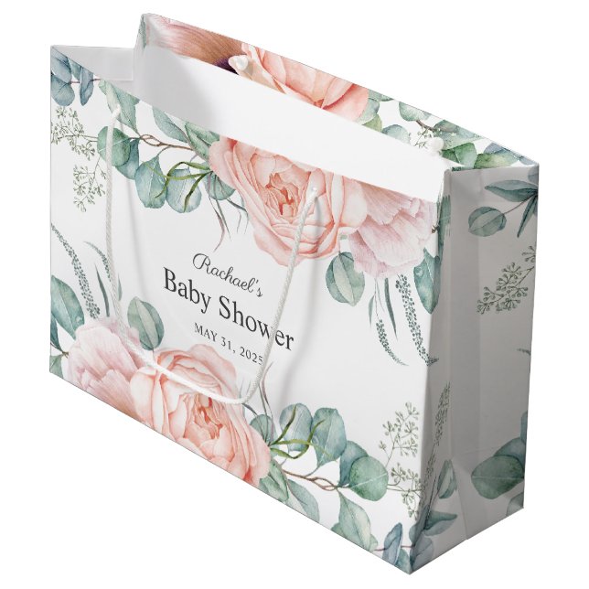 Grand Sac Cadeau Aquarelle rose et beige douce Baby shower floral (Devant Angle)