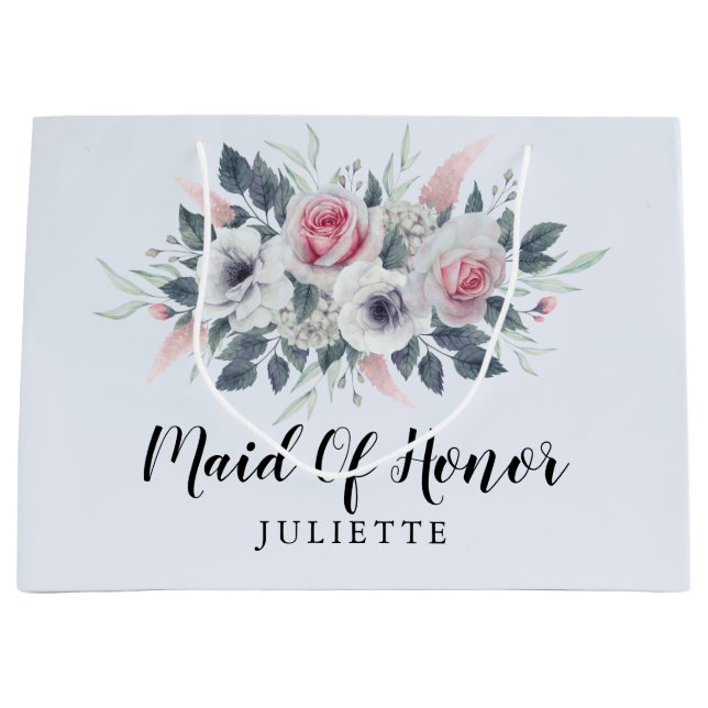 Grand Sac Cadeau Aquarelle Rose Floral Bleu Maid Of Honor (Devant)