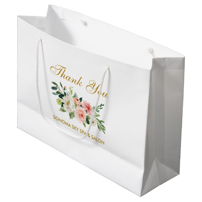 Grand Sac Cadeau Aquarelle rose Floral or Merci élégant (Devant Angle)