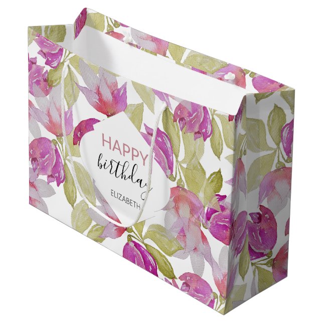 Grand Sac Cadeau Aquarelle rose Magnolia Florale Art (Devant Angle)