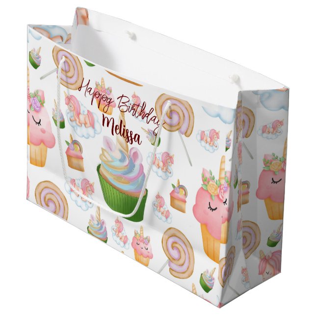 Grand Sac Cadeau Aquarelle rose mignonne Anniversaire Cupcake Unico (Devant Angle)