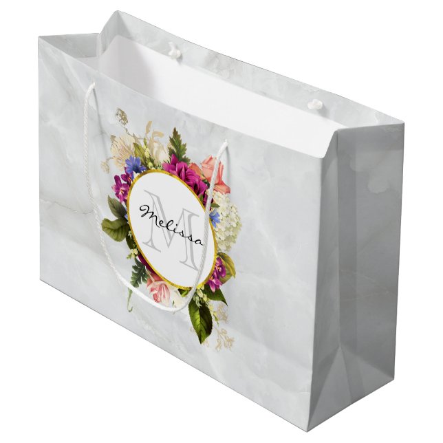 Grand Sac Cadeau Aquarelle rose moderne Bouquet floral Monogramme (Devant Angle)