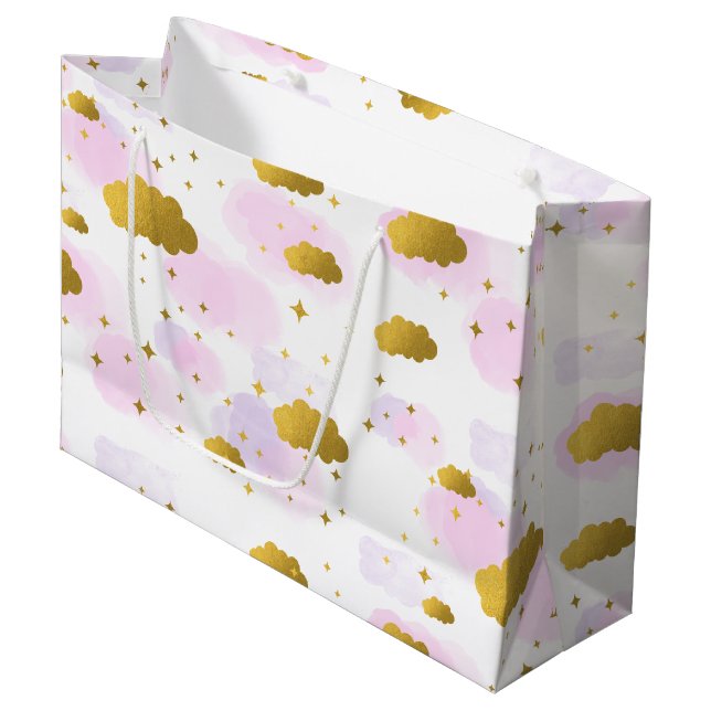 Grand Sac Cadeau Aquarelle rose Nuages Gold Stars Sky (Devant Angle)