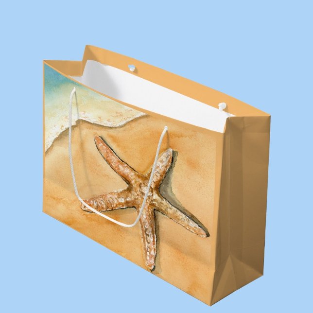 Grand Sac Cadeau Aquarelle Starfish sur la plage (Ocean-inspired charm. Gift bag adorned with watercolor starfish. Perfect coastal touch.)