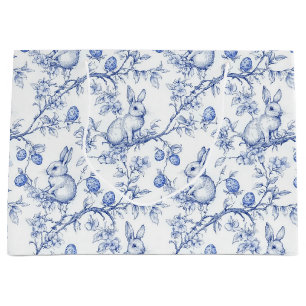 Grand Sac Cadeau Aquarelle Toile De Jouy Bleu Bunny Pâques