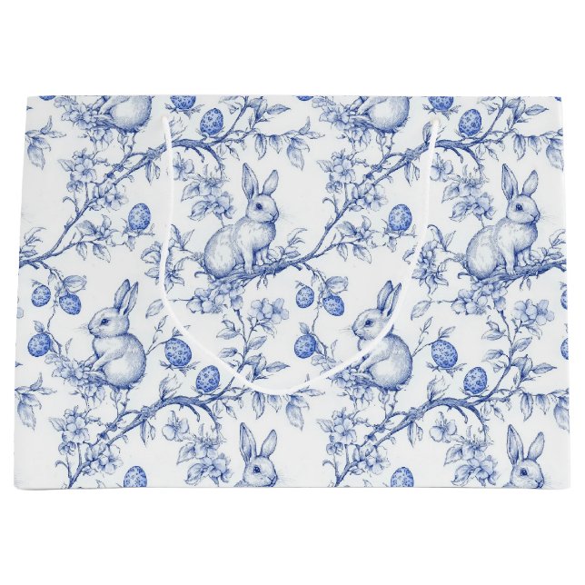 Grand Sac Cadeau Aquarelle Toile De Jouy Bleu Bunny Pâques (Devant)