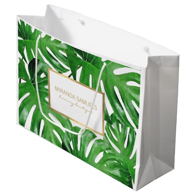 Grand Sac Cadeau Aquarelle Tropical Monstera Feuilles Personnalisé (Devant Angle)