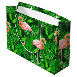 Grand Sac Cadeau Aquarelle tropicale Flamant rose