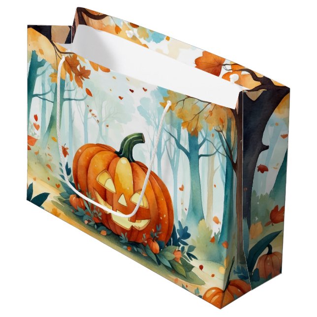 Grand Sac Cadeau Aquarelle verte orange Forêt Citrouille d'automne (Devant Angle)