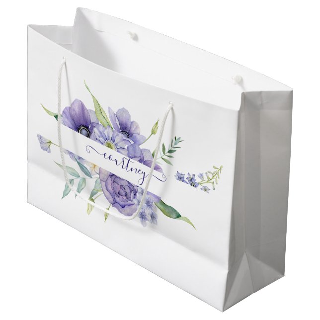 Grand Sac Cadeau Aquarelle violette florale personnalisée (Devant Angle)