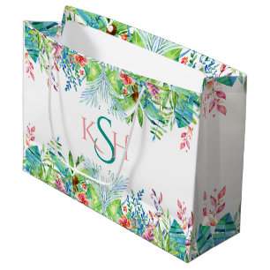 Grand Sac Cadeau Aquarelles colorées Fleurs et feuilles tropicales