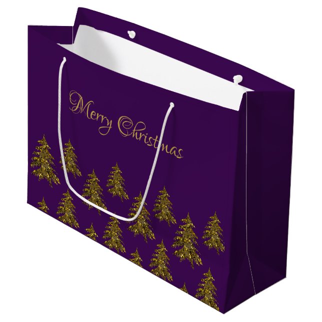 Grand Sac Cadeau Arbre de Noël en or brillant à Noël violet (Devant Angle)