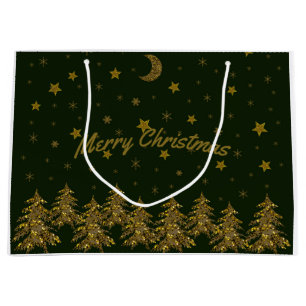 Grand Sac Cadeau Arbre de Noël en or brillant, lune, étoiles sur ve
