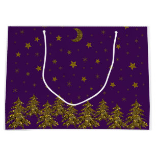 Grand Sac Cadeau Arbre de Noël en or brillant, lune, étoiles sur vi