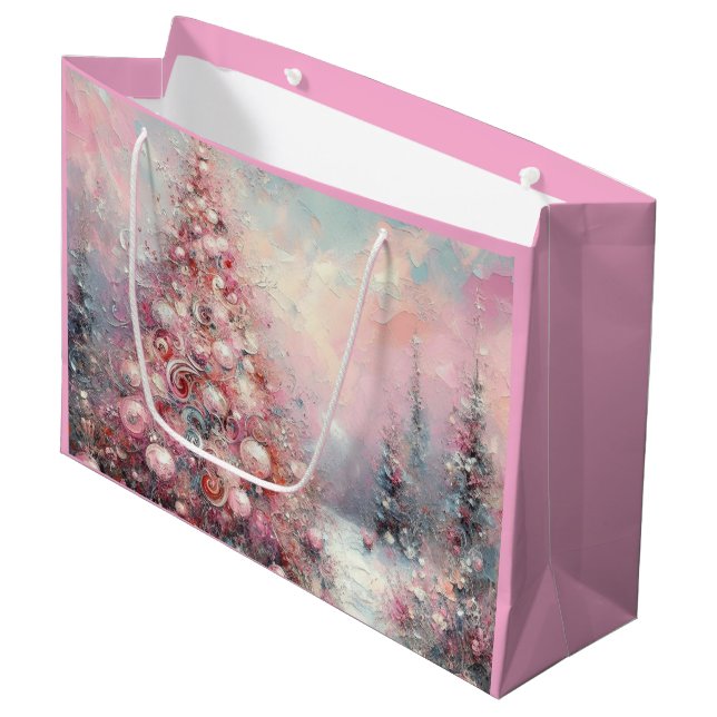 Grand Sac Cadeau Arbre de Noël impressionniste Whimsical bleu rose (Devant Angle)