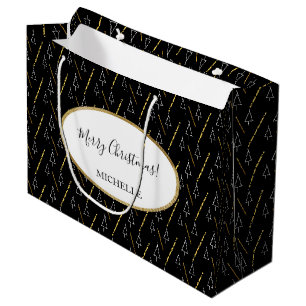 Grand Sac Cadeau Arbre de Noël Motif en noir, blanc et or