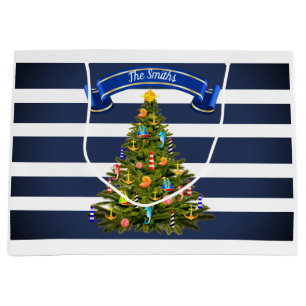 Grand Sac Cadeau Arbre de Noël nautique personnalisé