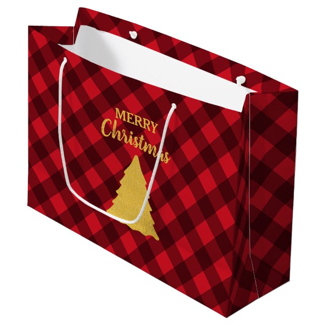 Grand Sac Cadeau Arbre de Noël Rouge et Noir Buffalo Plaid (Devant Angle)