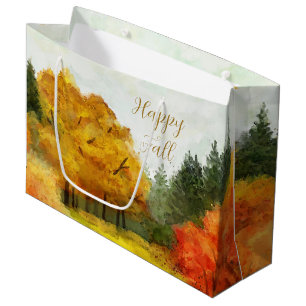Grand Sac Cadeau Arbres d'aquarelle automnale avec texte personnali