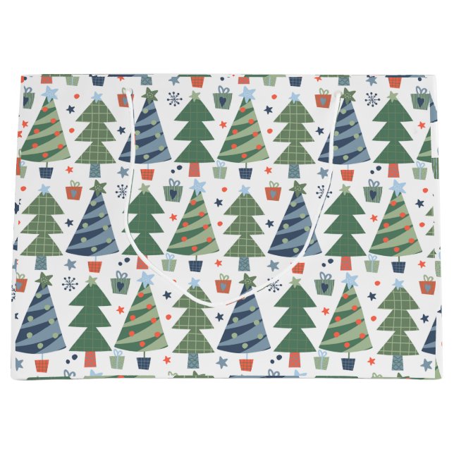 Grand Sac Cadeau Arbres de Noël bleu rouge vert (Devant)