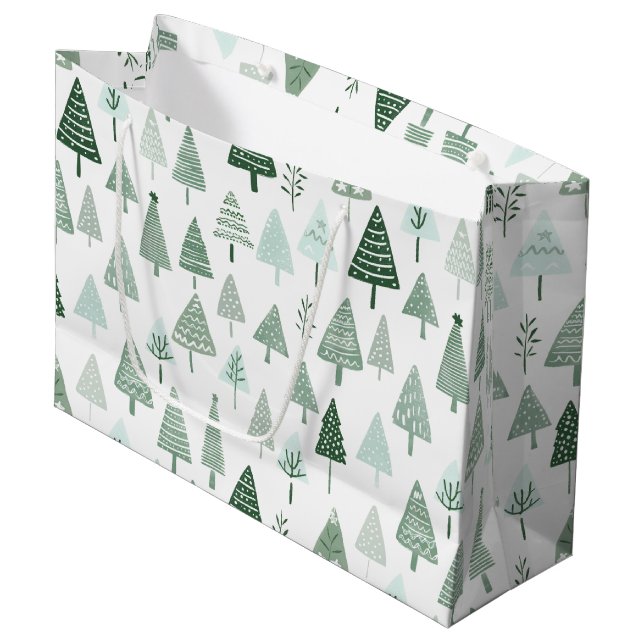 Grand Sac Cadeau Arbres de Noël modernes Blanc et vert (Devant Angle)