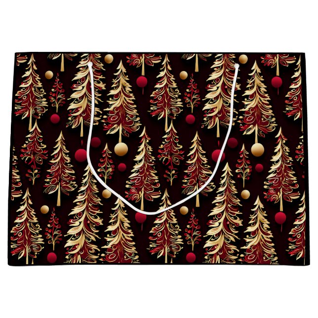 Grand Sac Cadeau Arbres de Noël noir, bordeaux et or (Devant)