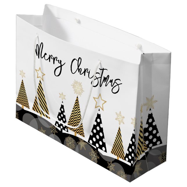 Grand Sac Cadeau Arbres de Noël noir et or (Devant Angle)